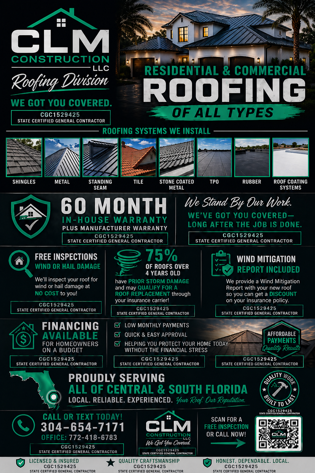 CLM Construction roofing division digital card with QR code for appointments